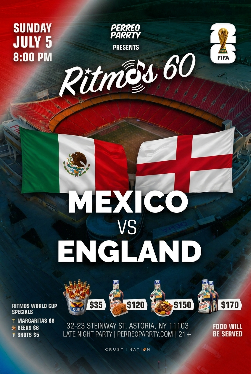 Buy tickets for FIFA WORLD CUP 2026 WATCH PARTY: MEXICO v ENGLAND at Ritmos 60 Bar NYC FIFA WORLD CUP 2026 WATCH PARTY: MEXICO v ENGLAND at Ritmos 60 Bar NYC