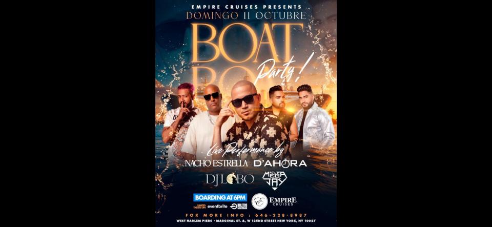 Buy tickets for Nacho Estrella x El Grupo D’Ahora x Dj LOBO x Dj Mega Jay, BOAT PARTY! Nacho Estrella x El Grupo D’Ahora x Dj LOBO x Dj Mega Jay, BOAT PARTY!